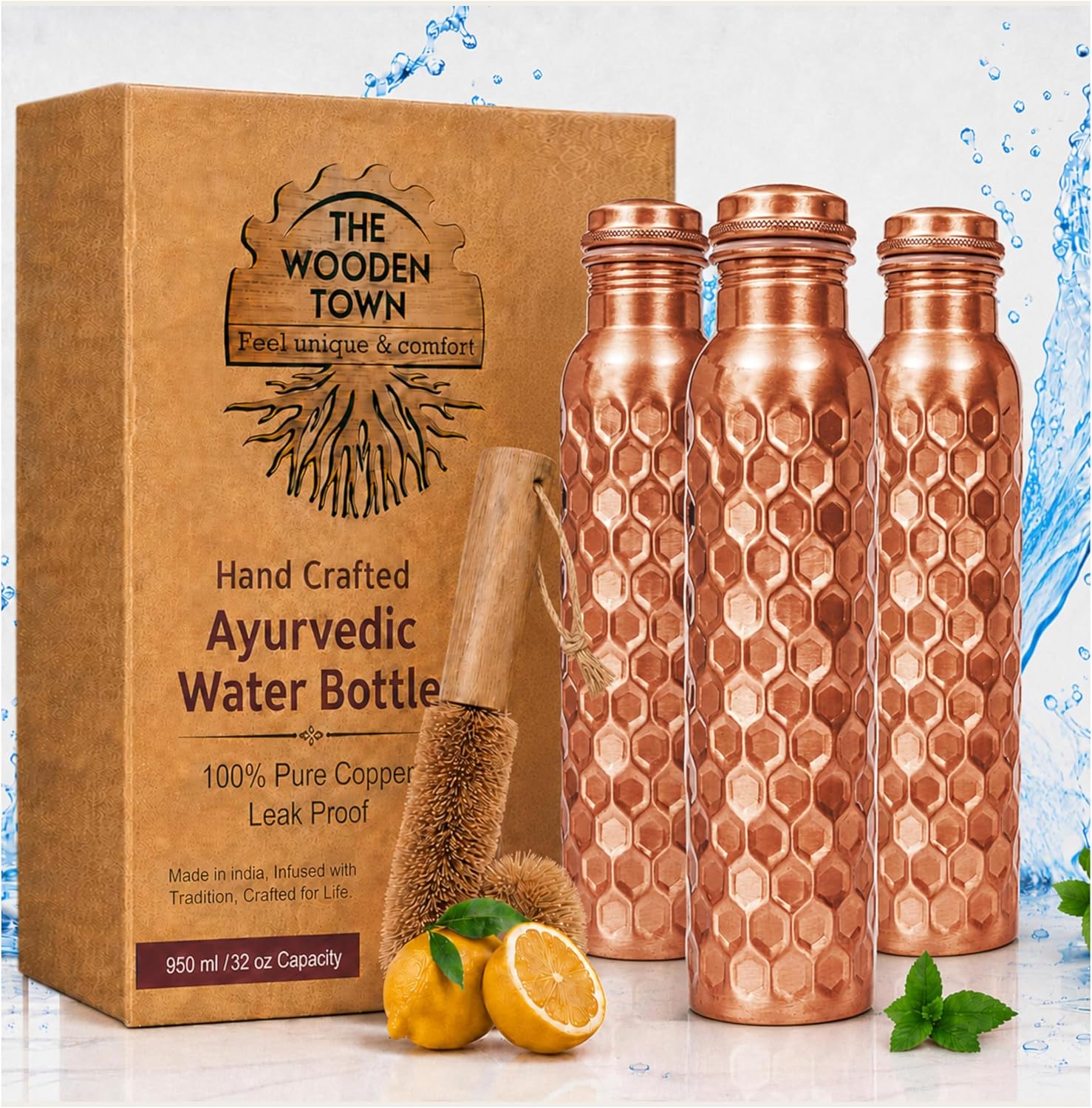 Ayurvedic & Herbal Wellness Kits - 32oz Koperen Waterfles Set van 3,